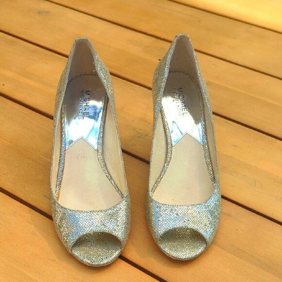 Michael Kors Silver Gold Open Toe Glitter Heels - Size 10 Great Condition - Picture 1 of 7
